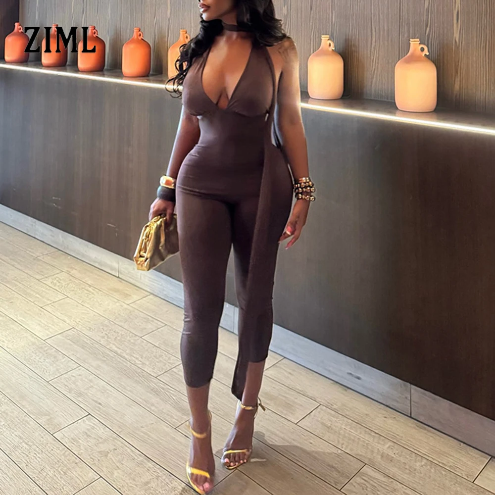 

ZIML Slim Fit Solid Sexy Jumpsuits For Women Deep V Neck Sleeveless High Waist Summer Temperament Party Jumpsuit Female Fashion