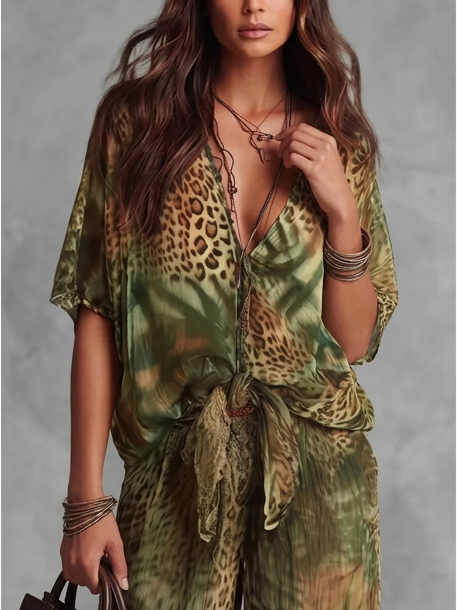 Bonboho Women's Leopard Print Short Sleeve T-shirt Deep V-neck Tied Front Loose Fit Blouse 2026 Summer Casual Shirt Tops