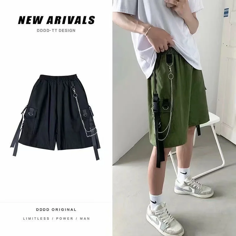 Mens Beach Shorts Ribbons Black Hip Hop Streetwear Casual Male Sportswear Shorts Homme Clothing 2022 Solid Men\'s Shorts Summer