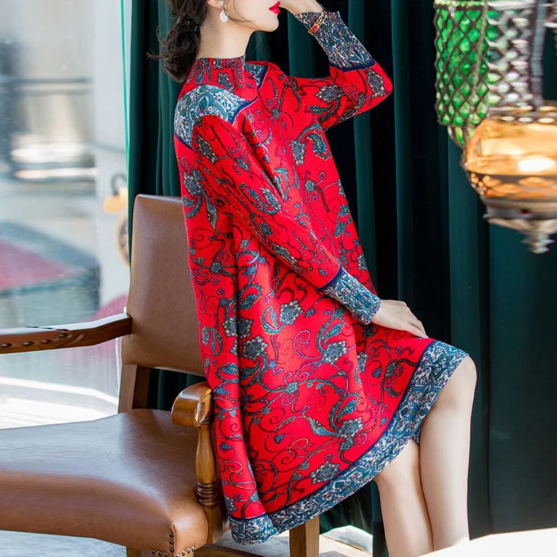 

Pleated Long Sleeve Dress 2023 New Spring Women's Ethnic Style Loose Size vestido feminino LOOSE