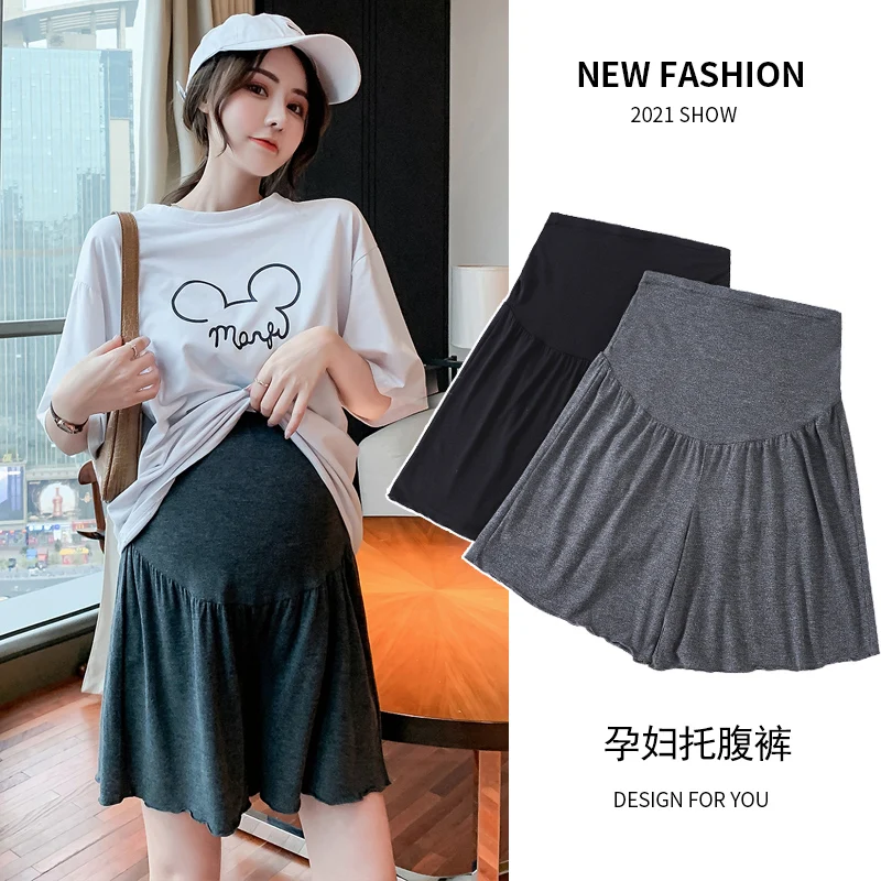 Pregnant Women Modal Shorts Summer Loose Wide-legged Belly Skirt Plus Size Pregnancy Clothes High Waist Ruffles Maternity Shorts