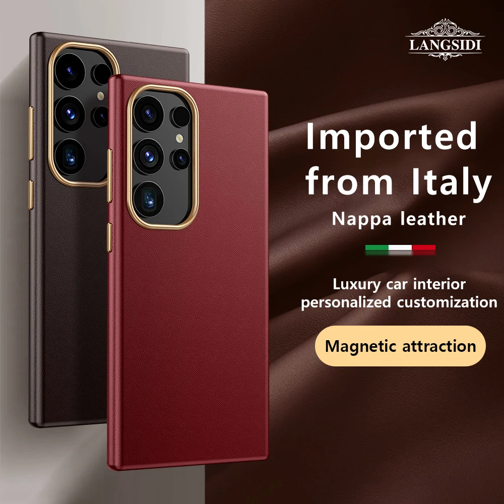 

Magnetic Phone Case for Galaxy S24 Ultra S23 Plus S24Ultra S23Ultra Original Cowhide Leather Back Cover with Metal Frame