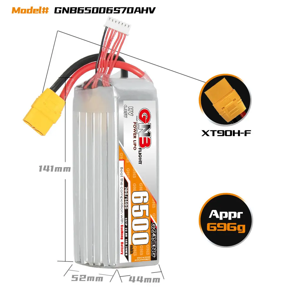 Gaoneng GNB 6500mAh 6S 22.8V 70C LiPo Battery with XT90 Plug for Fixed Wing,RC Boats