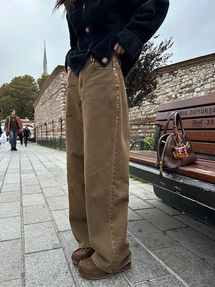 

ZQ Handmade Beaded Floor-Length Wide Leg Jeans Women's New Sle Light Roast Coffee Retro Latte Color High Waist Casual Jeans