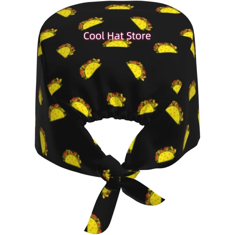 1pc Adjustable Scrub Cap with Sweatband - Lightweight 100% Polyester, with Yellow Taco Print & Mexican Motifs, Elastic Band & Ad