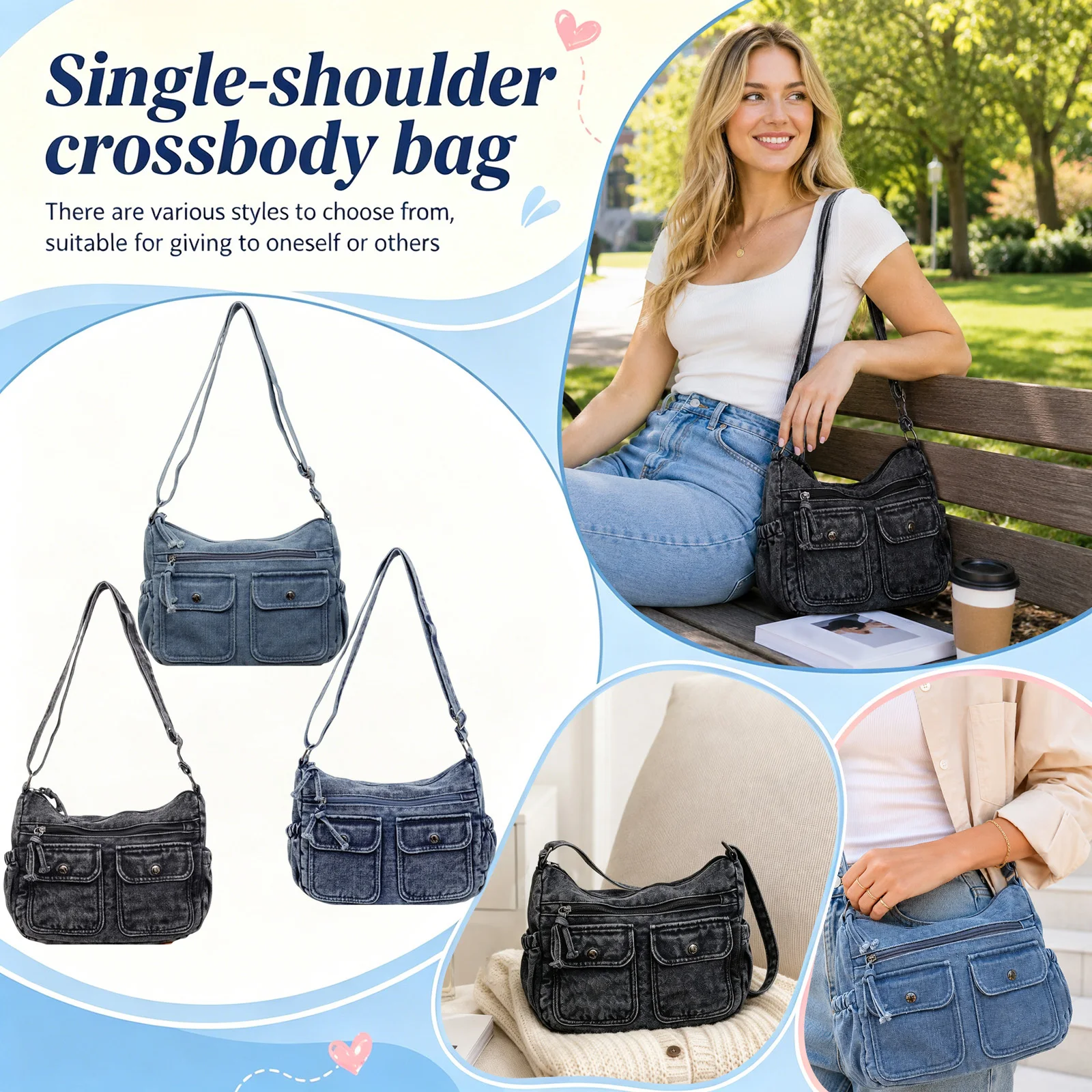 Vintage Distressed Denim Shoulder Bag Adjustable Crossbody Shoulder Bags Casual Denim Purses Canvas Messenger Bag