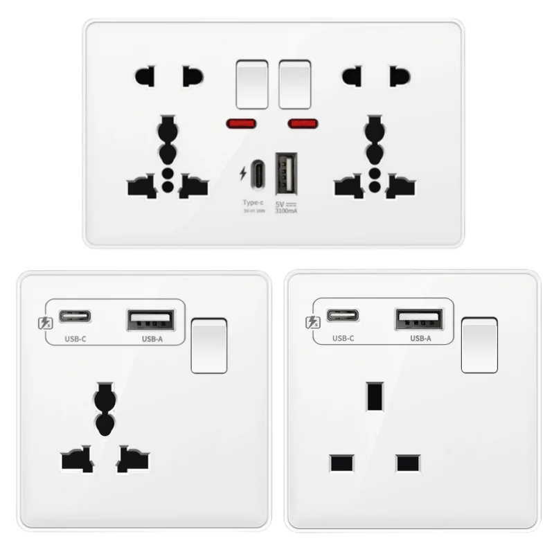 White 18W Type-c Smart Fast Charging Wall Universal USB C Socket,Uk 13A Dual socket with switch panel AC110-250V