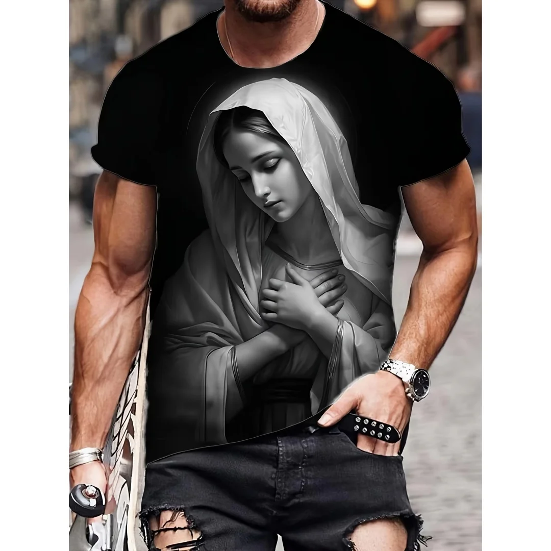 

Men'S 3D Virgin Mary Print T-Shirt Casual Crew Neck Short Sleeve Top Religious Outdoor Sports Tee with Golden-AccentedReligious
