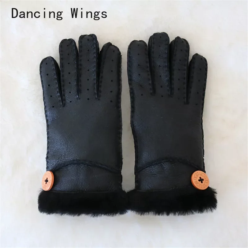 

Hot Sale Men sheepskin gloves genuine leather glove for women winter Outdoor warm fur thickening thermal patchwork gloves