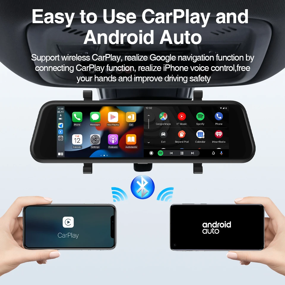 Grandnavi 9.66 inch 4K Car DVR Mirror camera for car touch screen Dash cam Recorder Dual Lens Night Version Carplay Android Auto