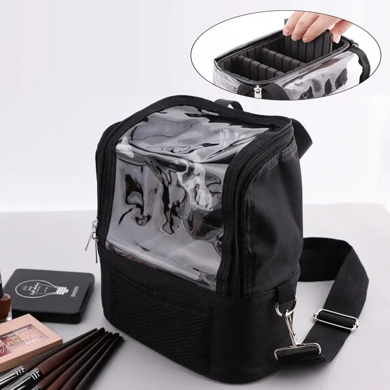 Clear Makeup Brush Holder with Lid Large Capatity Makeup Brushes Storage Bag Stand-up Makeup Artist Bags With Strap and Dividers
