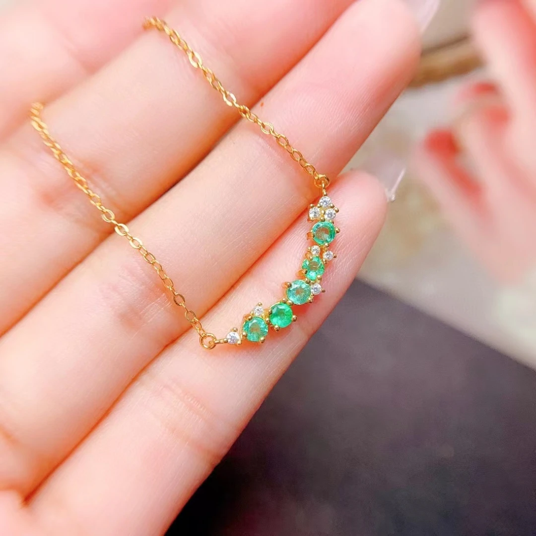 Total 0.5ct Natural Emerald Necklace for Woman 5 PCS 3mm Colombia Emerald 925 Silver Necklace with 3 Layers Yellow Gold Plating