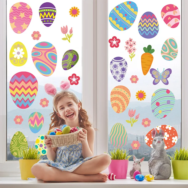35 Stück/2 Blatt Oster-Fensteraufkleber Retro Blumenmuster, Geometrische Eier Statische Folien, PVC-Aufkleber für Frühling, Klebstofffrei Wiederverwendbar