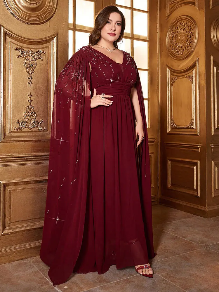 Red Abaya Modest Muslim Boubou Cloak Cape Maxi Dress For Women Fashion Dubai Luxury Rhinestone Chiffon Kaftan Islamic Clothing