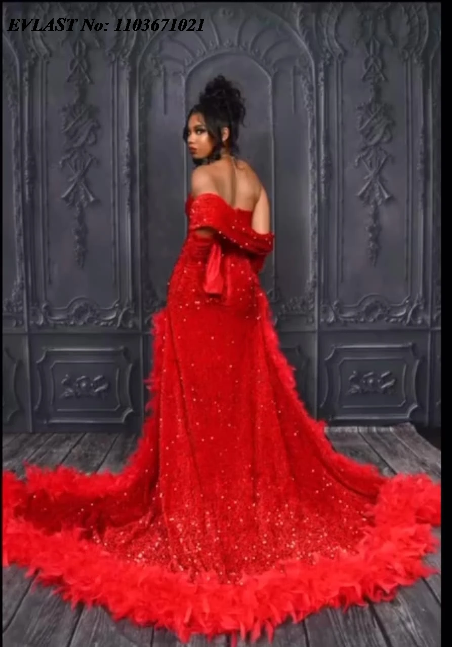 EVLAST Customized Red Sequins Mermaid Prom Dress For Black Girls High Slit Feather Beaded Party Gala Gown Robes De Soiree P25