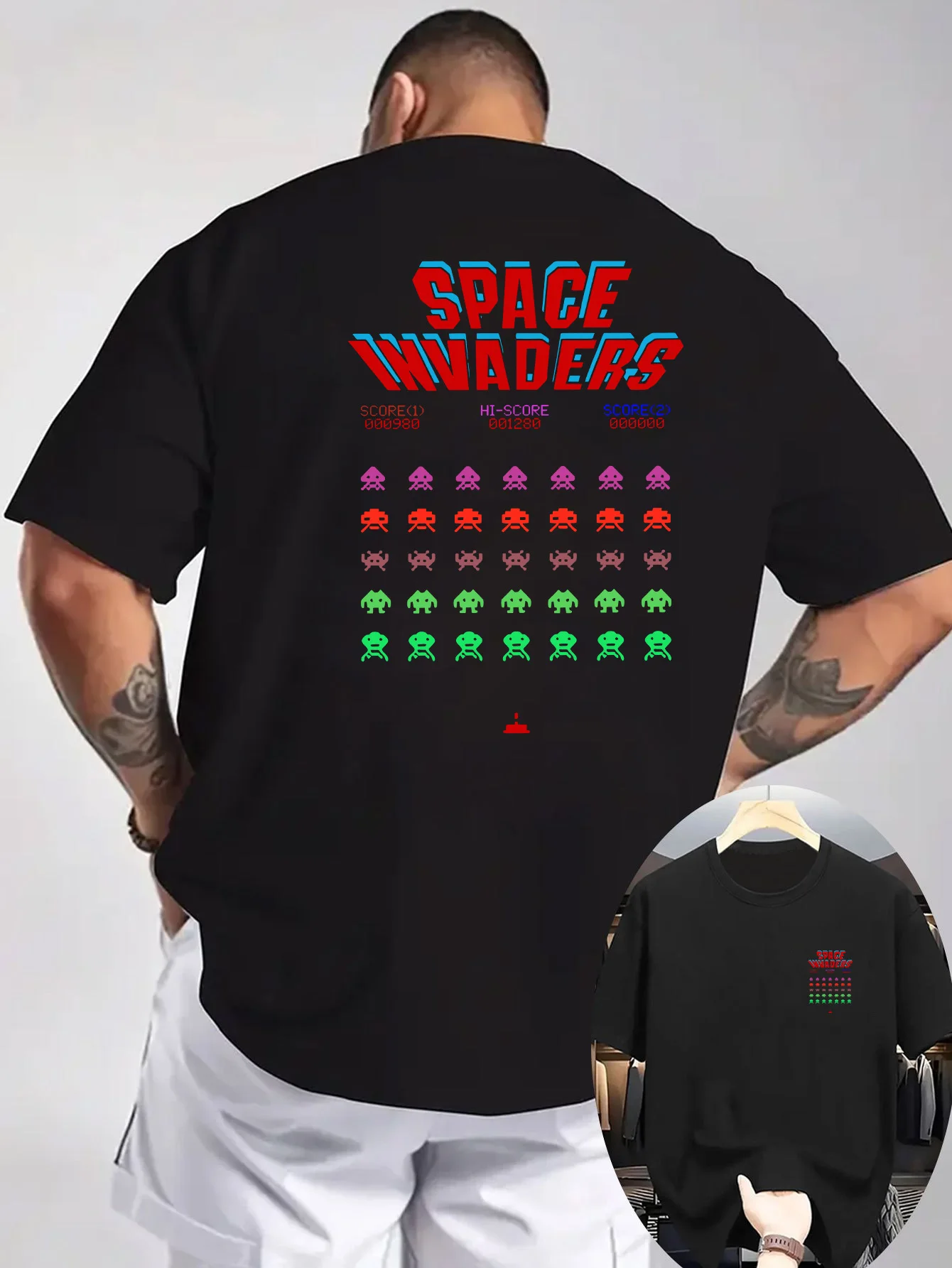 Herren Arcade Grafik T-Shirt - Hellgrauer Space Invaders Druck Retro Videospiel-Design - Reine Baumwolle Ganzjahres-Streetwear