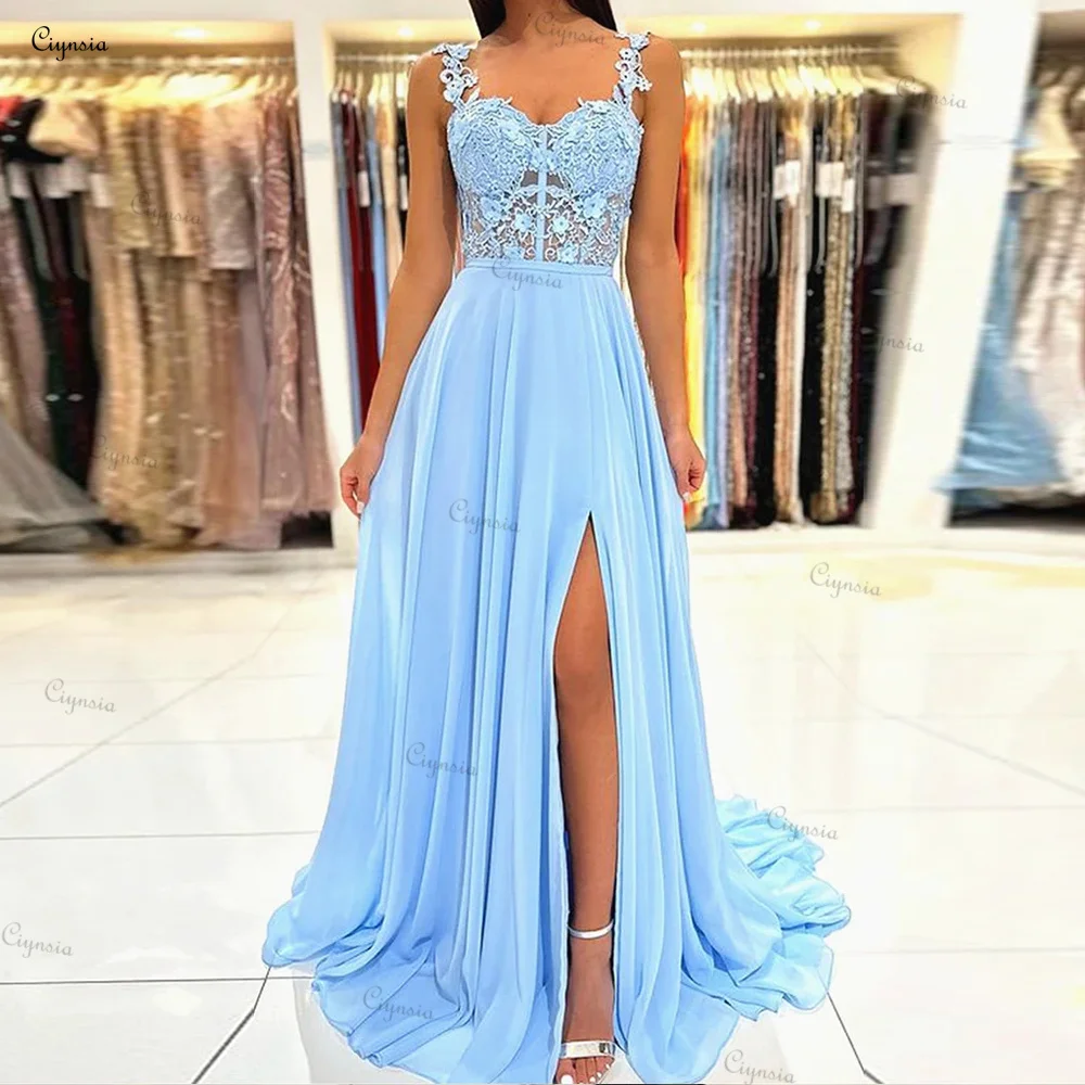 

Ciynsia A-Line Light Blue Lace Prom Dresses Long Appliques Sweetheart Formal Evening Gowns Chiffon Sexy Slit Vestidos De Noite