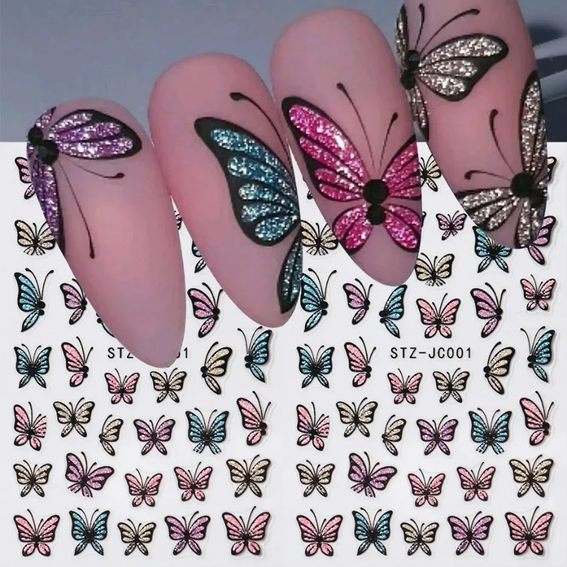 Pegatinas de mariposa con purpurina para uñas, calcomanías 3D con diseño azul brillante y rosa, deslizadores autoadhesivos, láminas para decoración de uñas, decoraciones para manicura