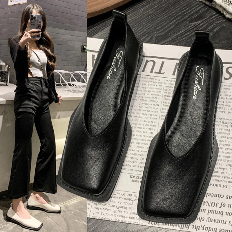 Women Shoes Autumn Square Toe Loafers With Fur Female Footwear Shallow Mouth Slip-on Casual Sneaker Fall New Dress Slip On Mocca