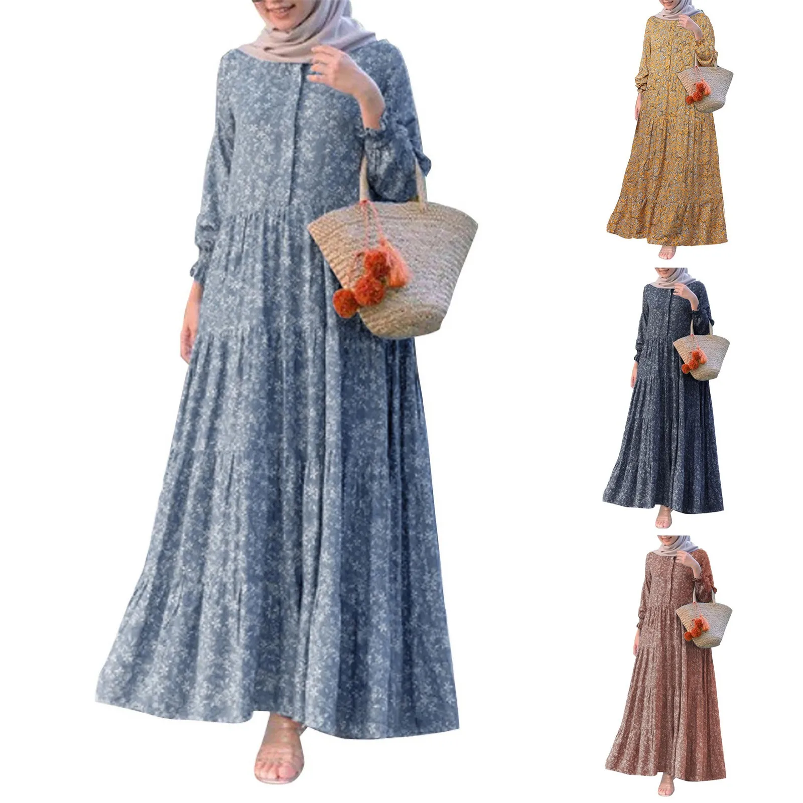 Muslim Dresses For Women Long Sleeve Round Neck Floral Printed Maxi Dresses Loose Causal All-Match Big Swing Dresses Plus Size