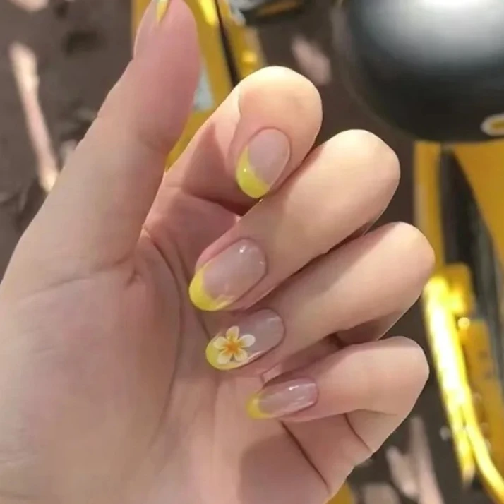 24pcs Simple French Press on Nails Short Almond False Nails Sweet Bowknot Flower Fake Nails Fresh Pink Nail Art Tips for Girls