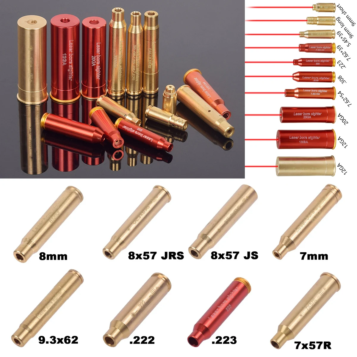 12GA 20GA Red Laser Bore Sighter Training Bullet Boresighter CAL Cartridge Caliber 9mm 223 38SPL 45ACP 40SW .308 9x19mm.338