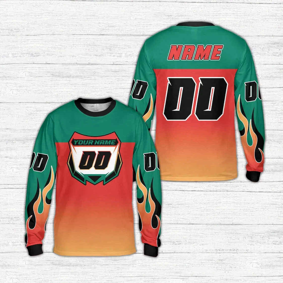 Custom Flame Motocross Jersey Personalized Name And Number Gradient Color Long Sleeve Shirt For Dirt Bike And Off Road Riders
