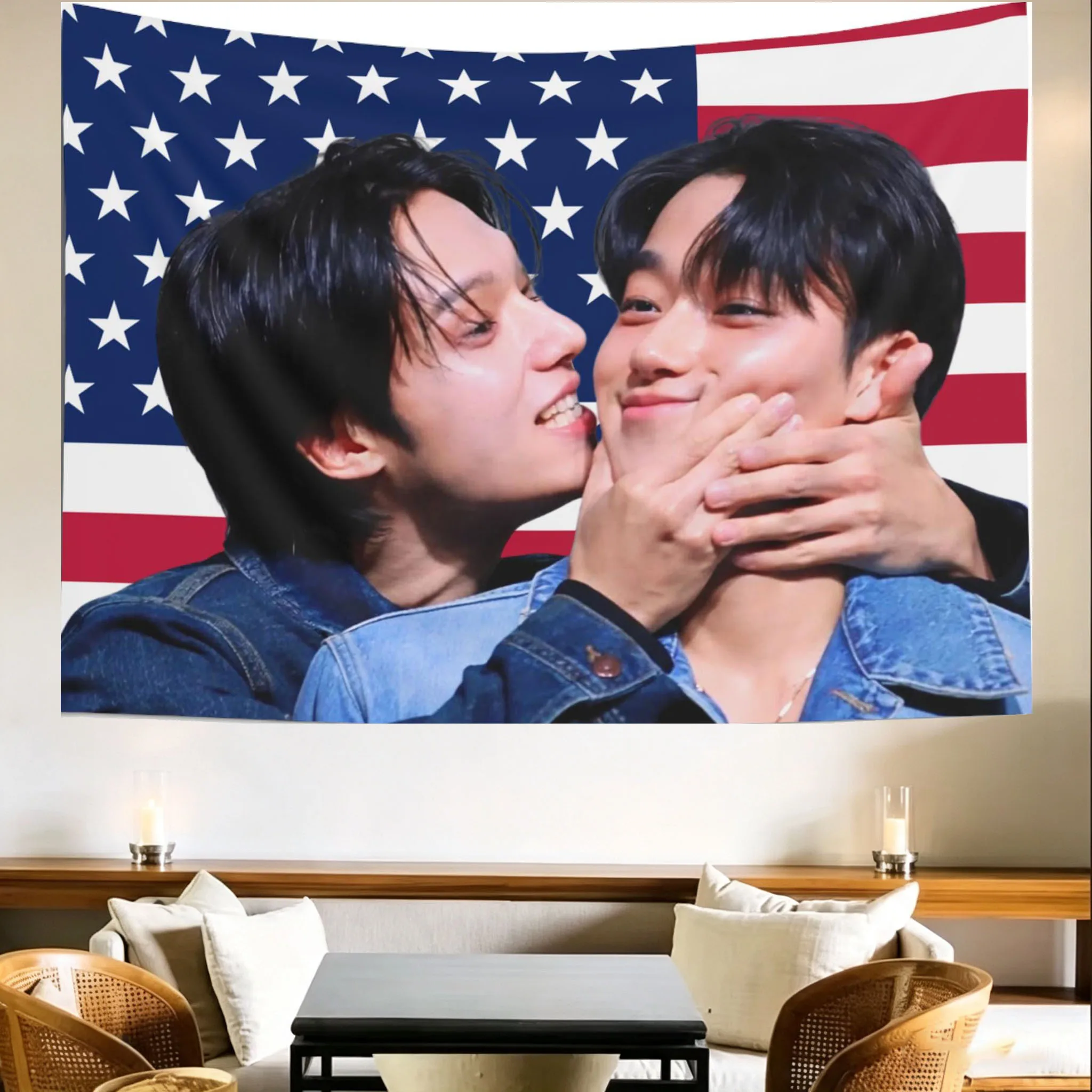 1PC Woosan American Flag Tapestry, Music K-pop Wall Hanging for Dorm Bedroom Living Room, Music Party Decor & Ideal Fans Gift