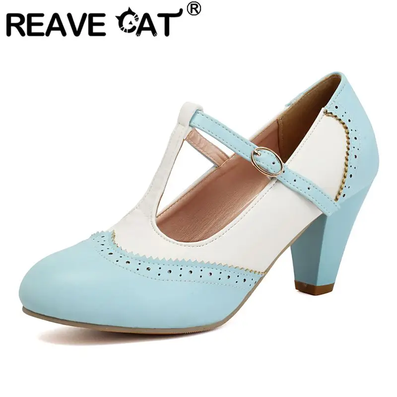 

REAVE CAT Female Pumps Round Toe 6.5cm Block Heels Buckle Strap Mixed Color Large Size 43 44 45 46 Office Lady Sweet Daily Shoes