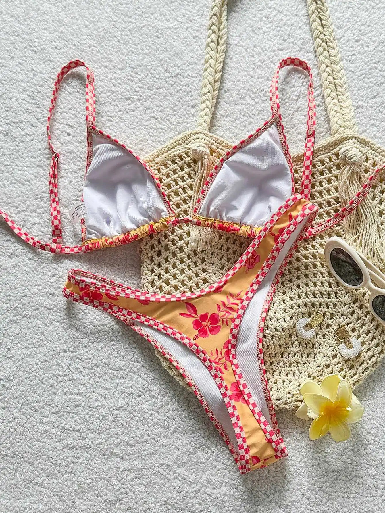 sexy yellow flower print micro bikinis sets two pieces back tie thong swimsuits bathing suit swimwear biquini tankini trikini
