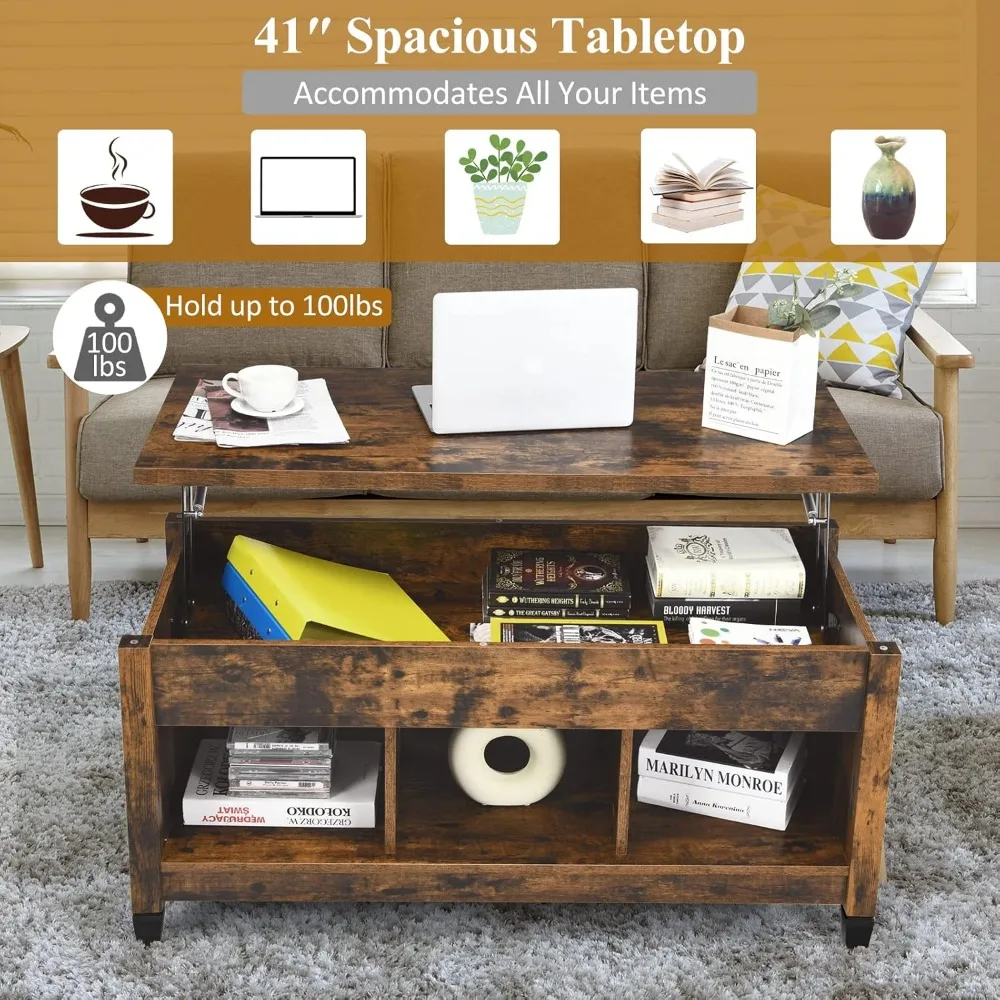 طاولة قهوة قابلة للرفع مع مساحة تخزين مخفية، طاولة شاي أريكة مستطيلة مع أرجل خشبية صلبة، طاولة قهوة صناعية #4