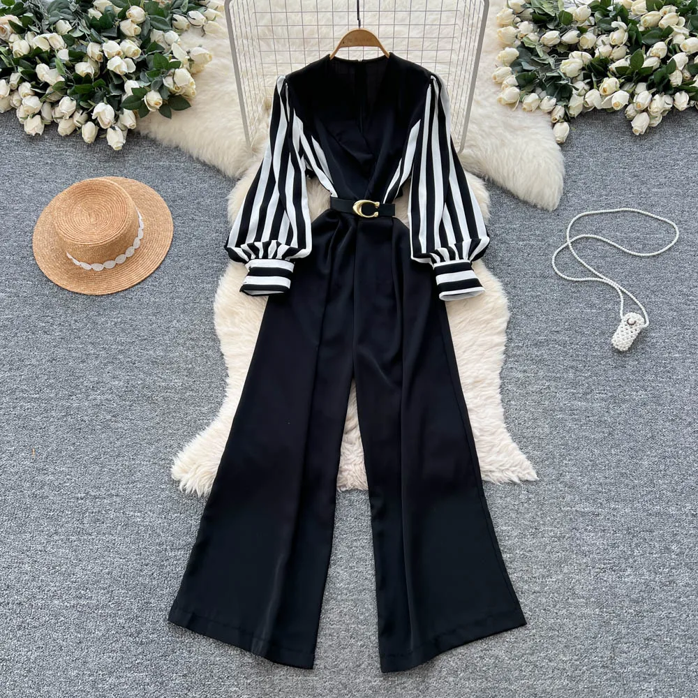 

Chic Vintage V-neck print Top sashes Spliced Jumpsuit Elegant High Waist pleated Wide Leg Pants Women