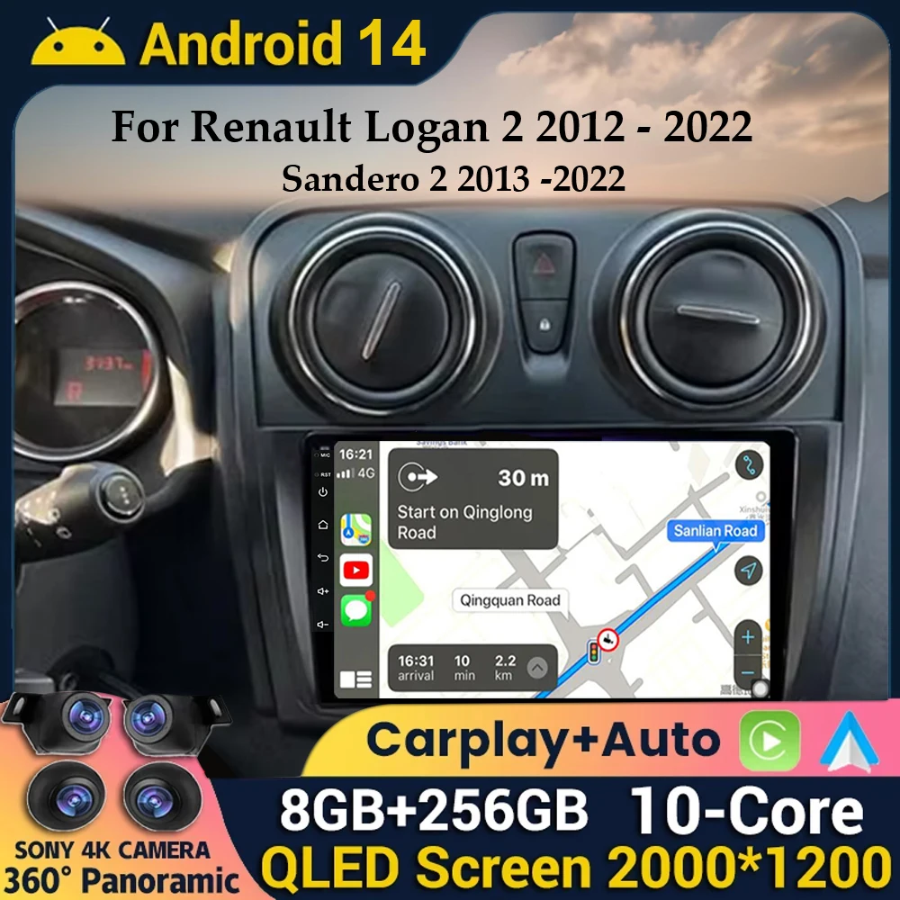 

Android 14 Carplay Auto For Renault Logan 2 2012 - 2019 Sandero 2 2014 - 2019 Car Stereo Radio Multimedia Player Head Unit QLED