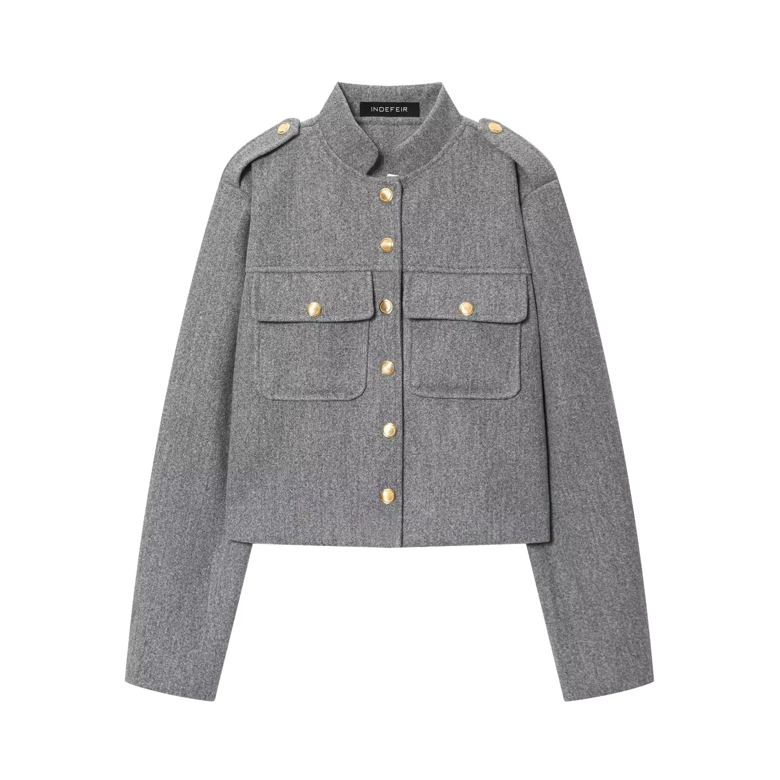 Chaqueta Bomber corta con cuello levantado y bolsillos de manga larga para mujer, abrigo de lana para ir al trabajo y ocio, ropa de calle 2025