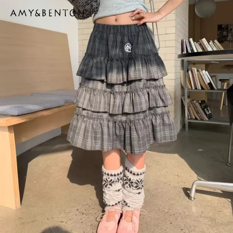 

American Retro Plaid Splicing Cake Women's Pleated Skirt 026 Spring New Slimming and Heightening Versatile Puffy Skirts Ladies