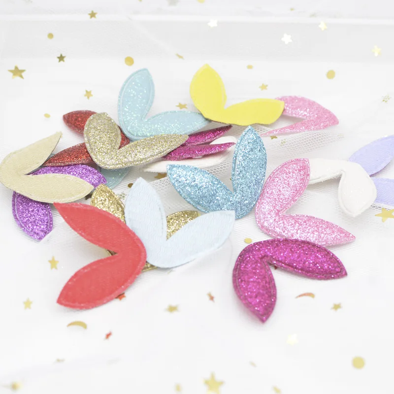 40Pcs 38*30mm Glitter Fabric Rabbits Ears Applique Padded Patches for DIY Hair Hoop, Clips, Band, Headdress, Hairdress Decor