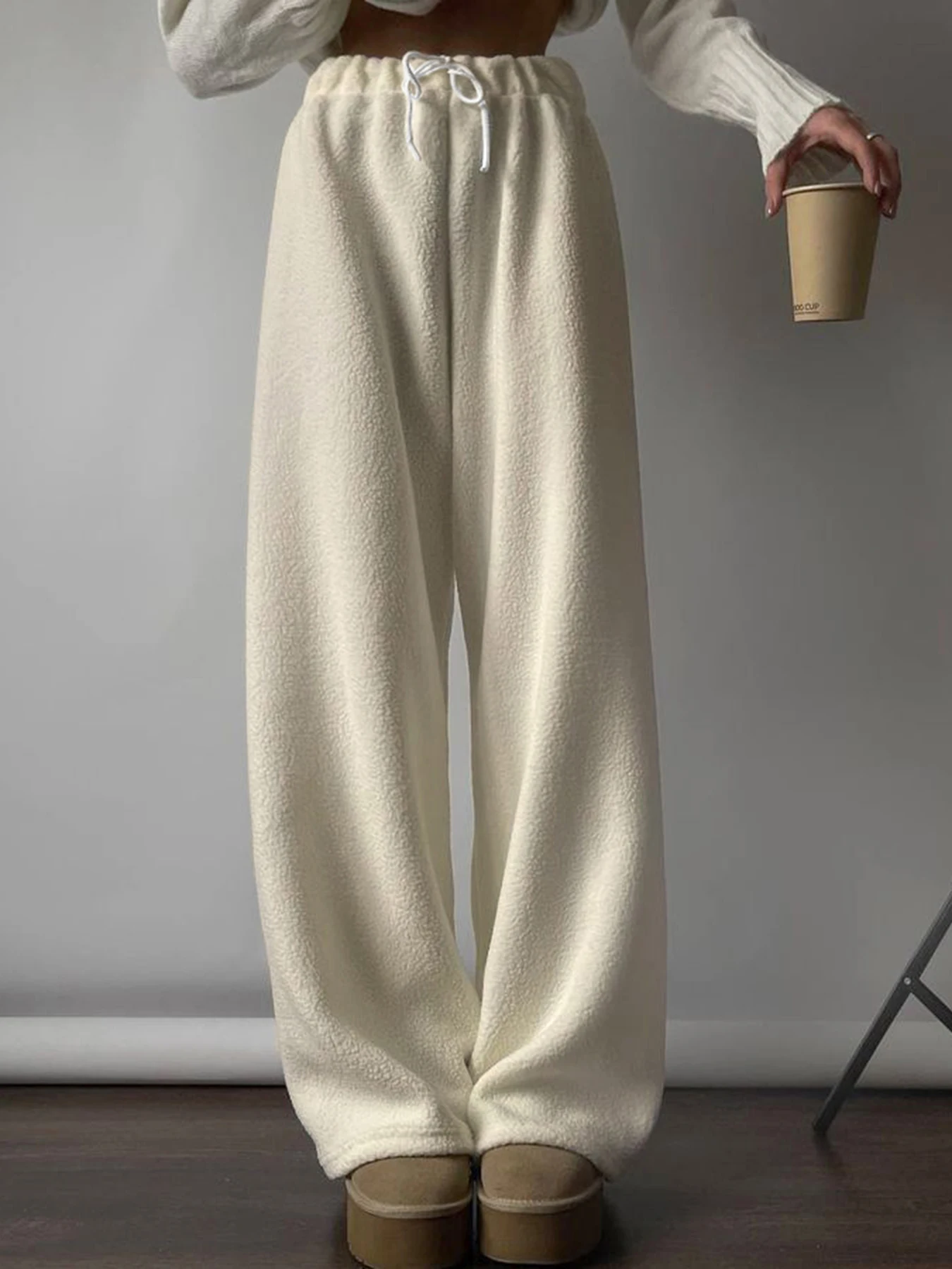 Sweetown Loose Solid Lamb Woo Wide Leg Pants Basic All-Match Women Comfortable Classical Baggy Trousers Cute