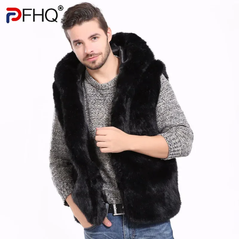 PFHQ Autumn Winter Men's Faux Fur Vest Sleeveless Solid Color 2024 Korea Fashion Casual Male Tops New Loose With Hat 21Z7152