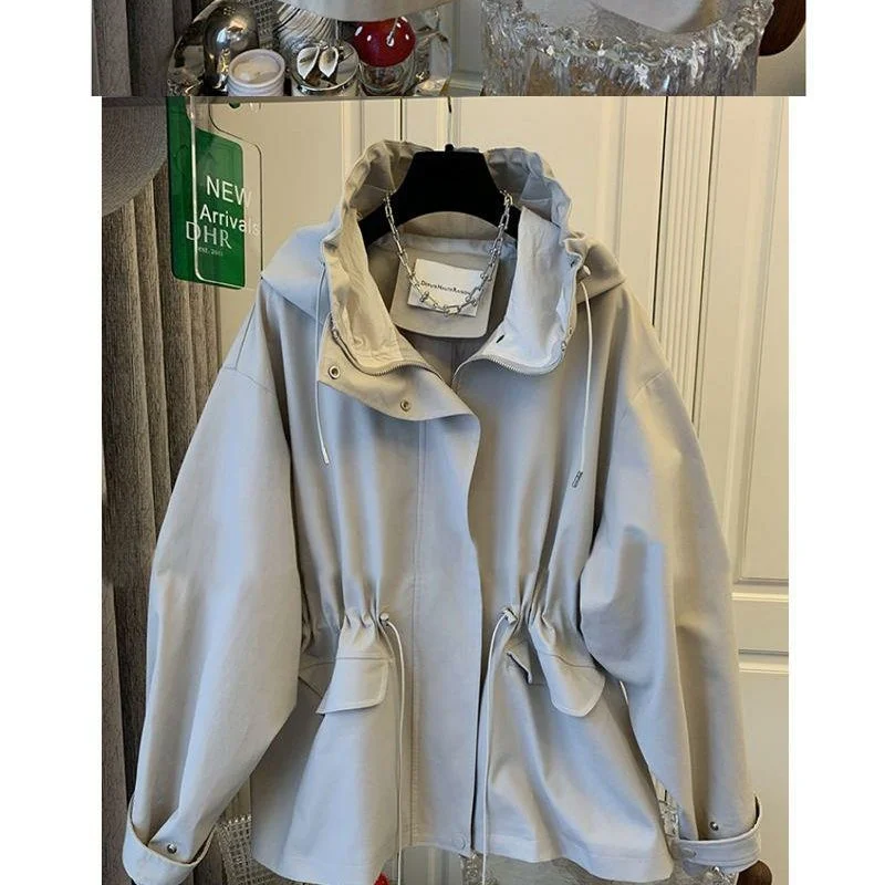 

Korean Vintage Long Sleeved Casual Short Windbreak Jacket Women Hood Drawstring Zipper Jacket Oversized Windbreaker Jaquetas