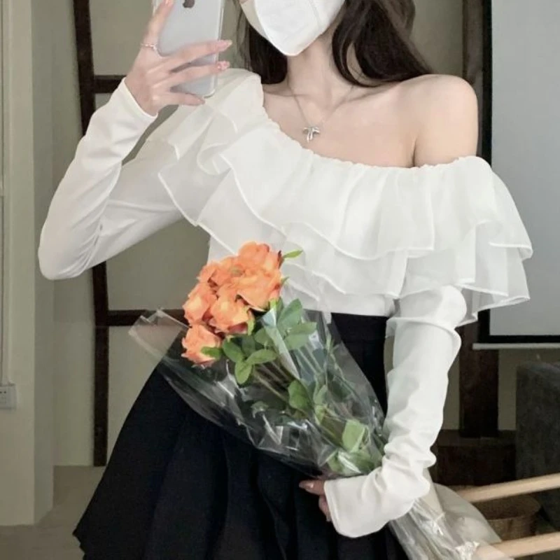 

Ruffle Edge Chiffon White Shirt Spring Summer Fashion Blouse 2023 Long Sleeve Off Shoulder Elegant Casual Shirt for Female