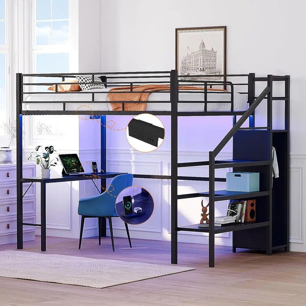 

ull Size Lot Bed with Desk and Storage Stairs, 15-inch Extra Tall Guardrail, Metal High Sleeper Bed with 2 Charging Stati
