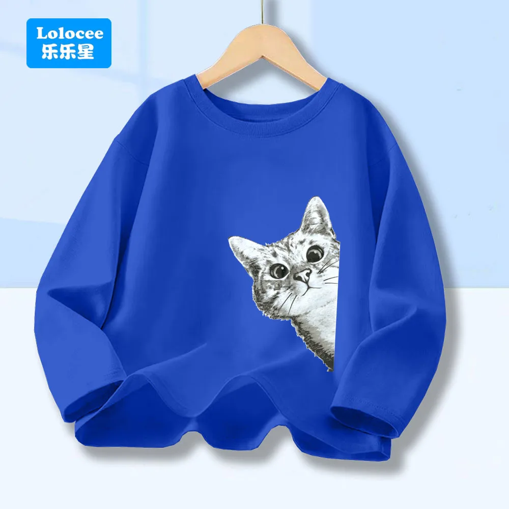 Kinder T-Shirt Niedliche Katze Print Rundhals T-Shirt Vintage T-Shirt Kleidung Jungen T-Shirt Top Langarm Casual Tee CLM1