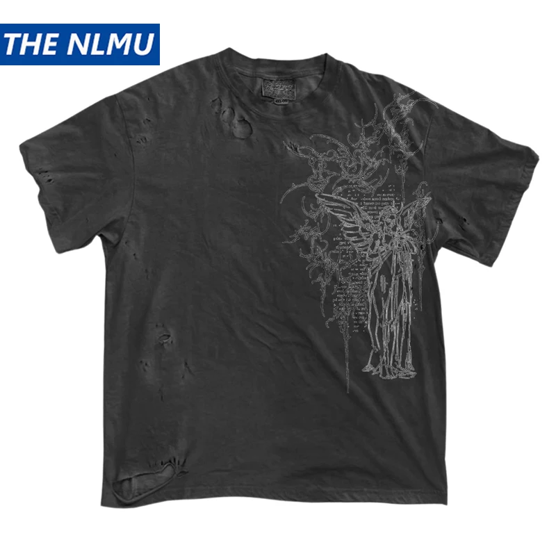 Vintage Distressed Short Sleeve T-Shirt Retro Graphic Ripped T Shirt Grunge Style Casual Tee Tops Unisex Y2K 100% Cotton