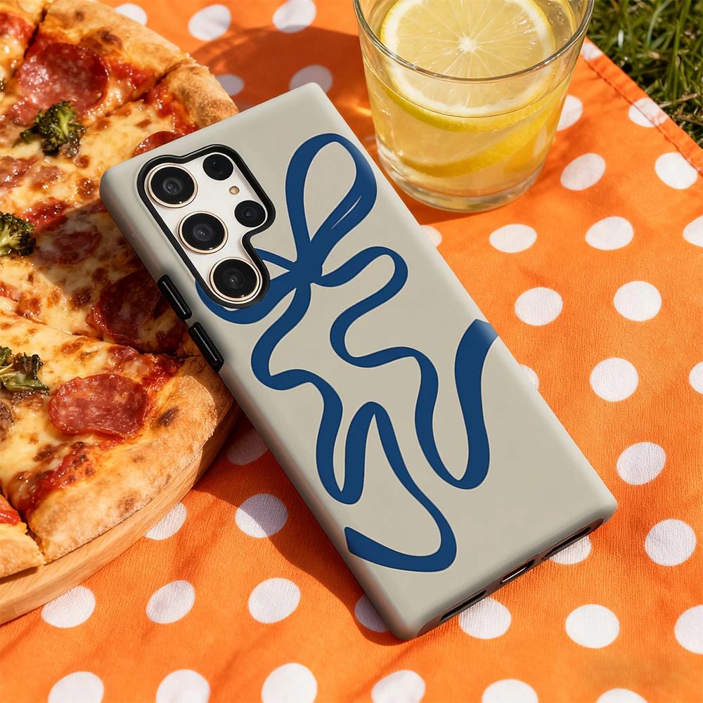 حافظة هاتف بفيونكة زرقاء كريمية لهاتف سامسونج جالاكسي S25 Ultra S24 S23 Ultra Plus غطاء خلفي لامع بطبقة مزدوجة