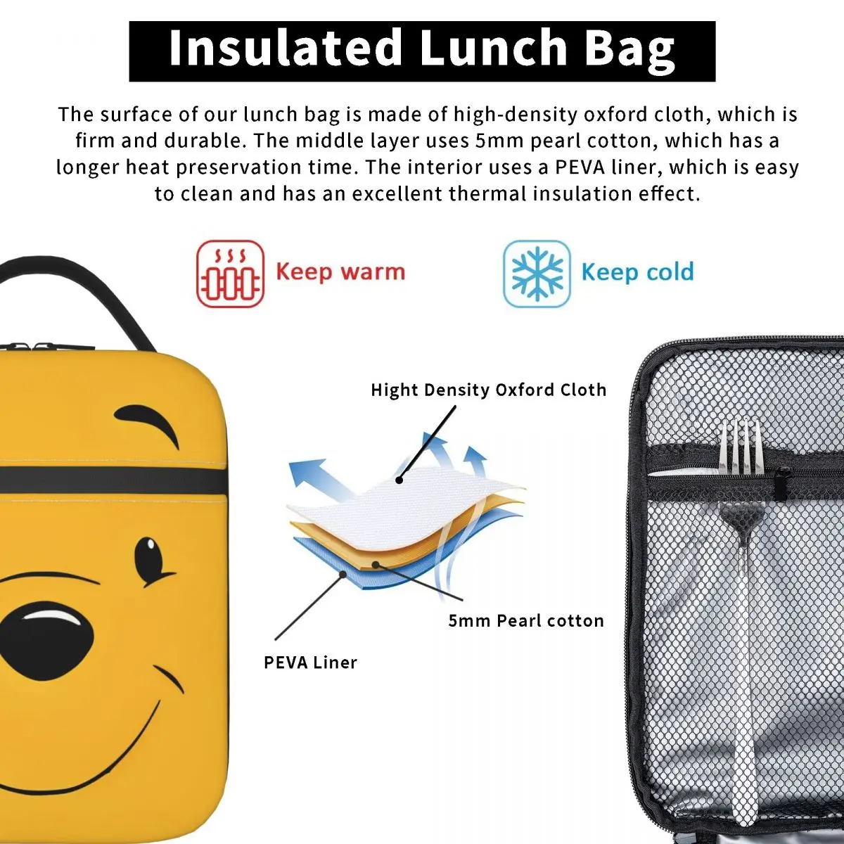 Happy Bear Face Winnie l'ourson sacs à déjeuner isolés grand récipient à déjeuner sac isotherme fourre-tout boîte à déjeuner plage voyage hommes femmes