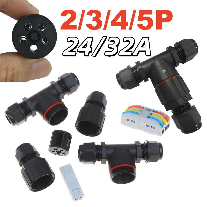 1Pcs 2/3/4/5Pin Quick Screw Connect Push-in Terminals IP68 T Shape Waterproof Electric Connector For Junction Box Wire Connector