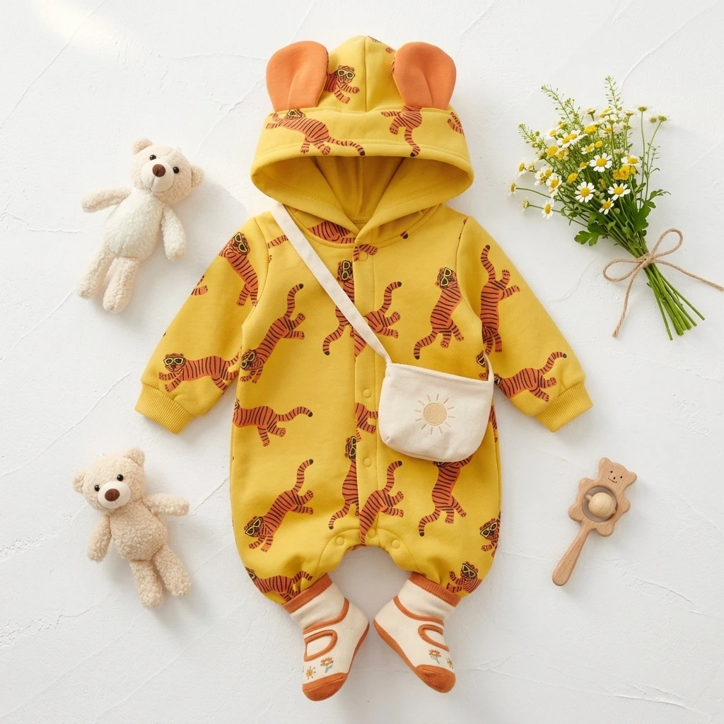 Winter Warm Baby Boys Rompers Long Sleeve Thickened Cute Tiger Printing Hooded Toddlers Clothes