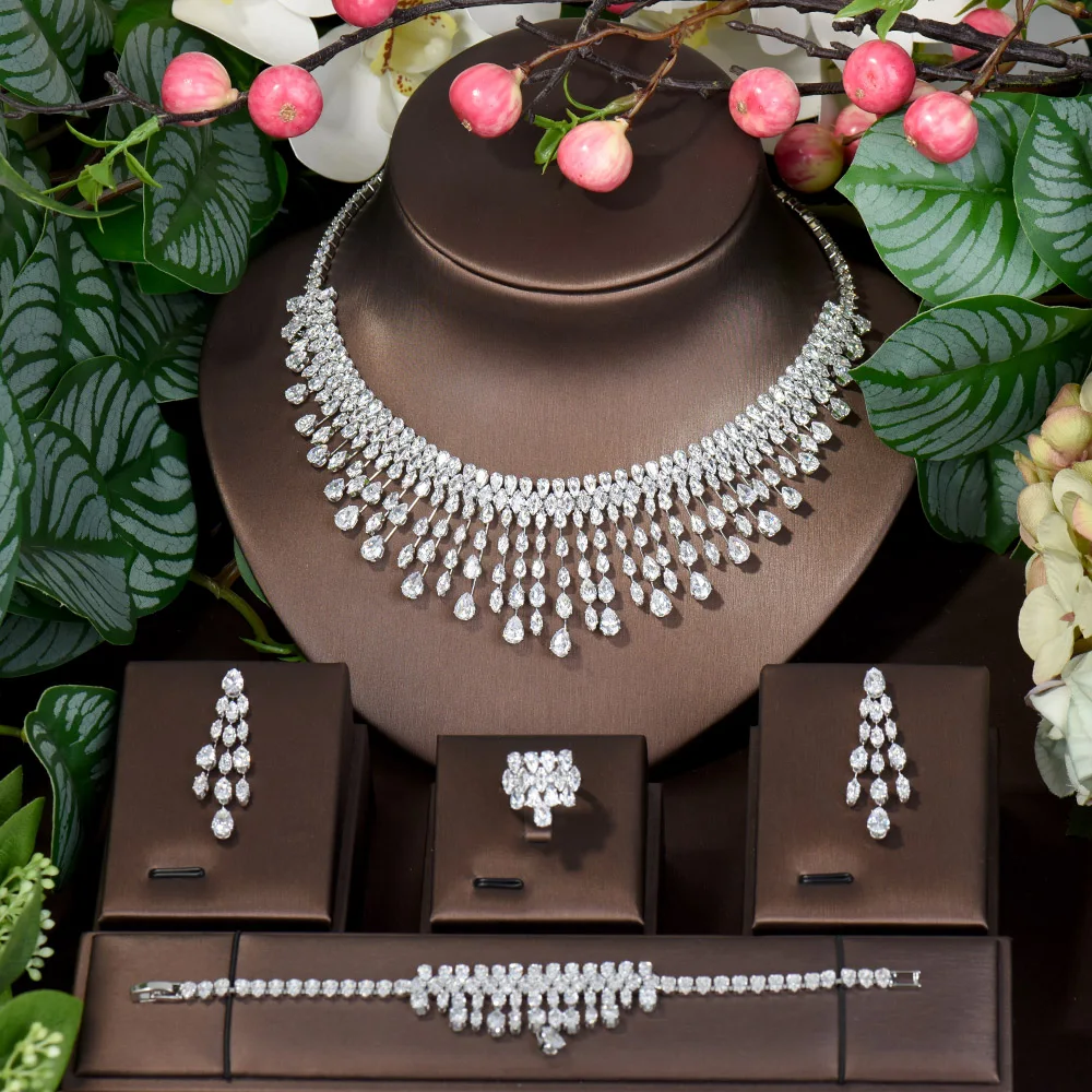 HIBRIDE Women Bridal Neckalce Earring Set Water Drop Shape Cubic Jewelry Sets Wedding Party Gifts bijoux de luxe N-1542