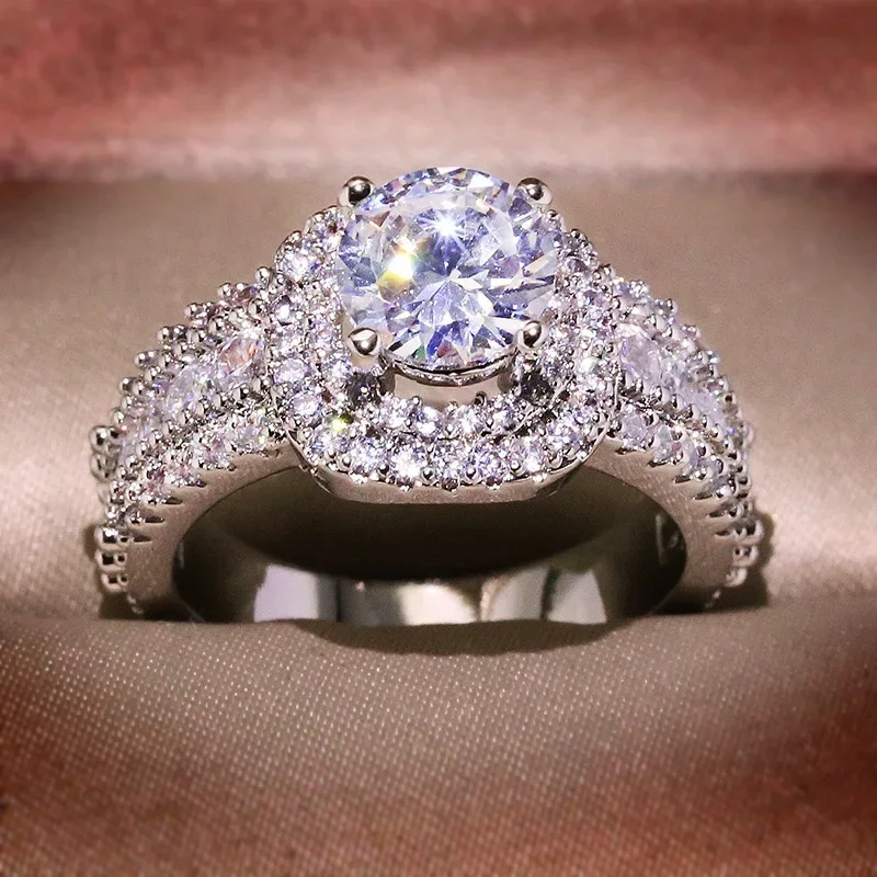 925 Sterling Silver Square Zircon Full Diamond Ring, Ladies Banquet Engagement Party Birthday Gift