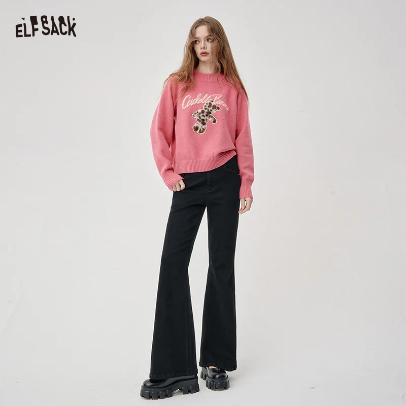 ELFSACK 2025 وصل حديثًا سراويل شتوية غير رسمية بلون سادة متعددة الاستخدامات من قماش الدنيم للنساء